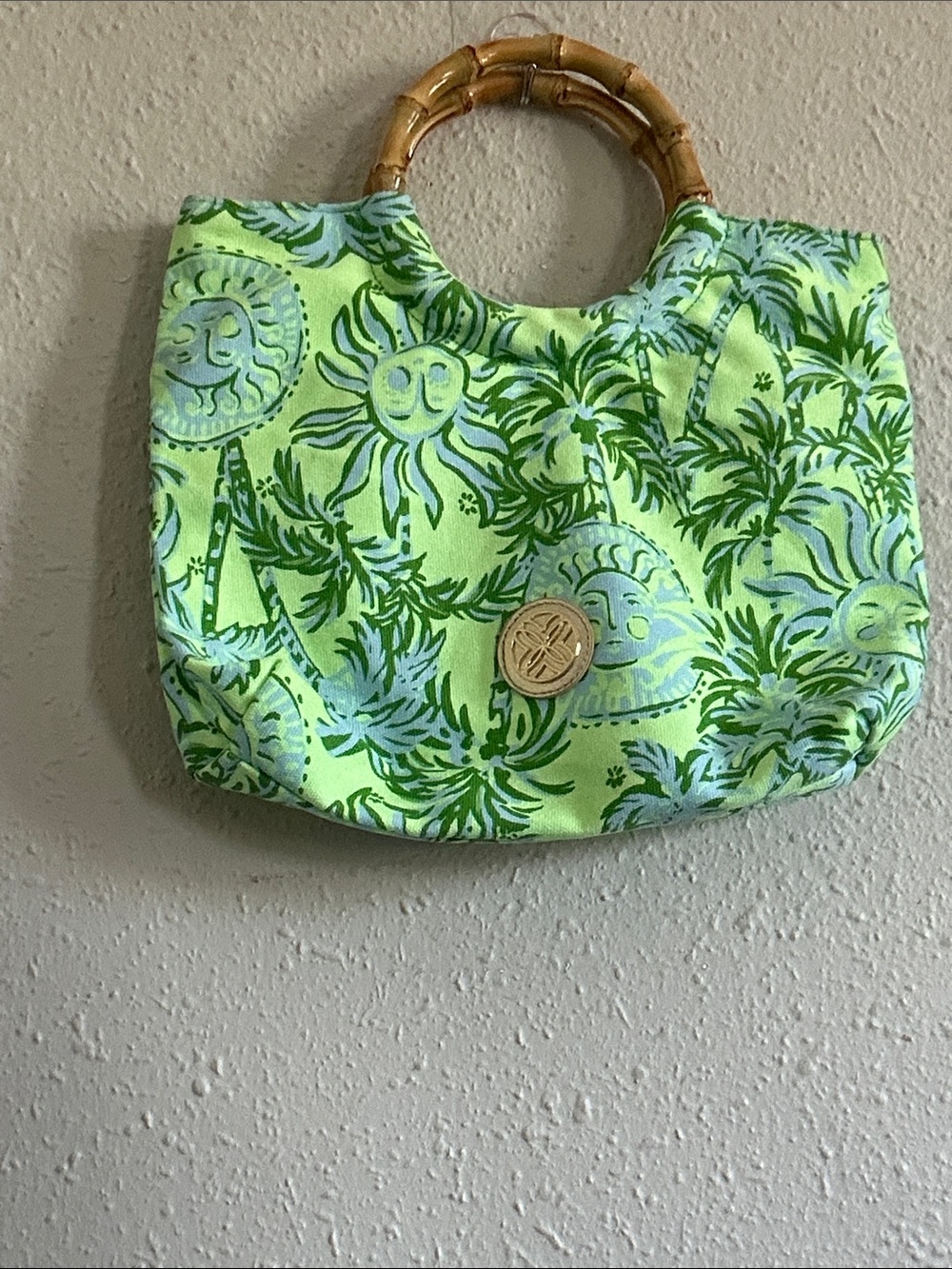 Tropical Green Print Tote with Bamboo Handles